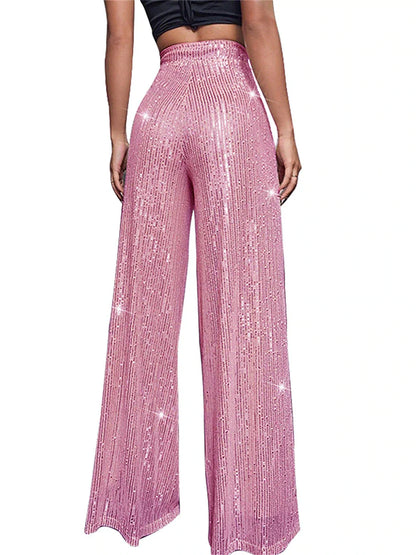 Women's Wide Leg Pants Trousers Sparkly Pants Full Length Sequins Micro-elastic High Waist Elegant Fashion Party Street claret M beige S M Summer Spring