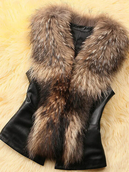 Women's Faux Leather Jacket Vest Faux Fur Coat Windproof Warm Street Daily Wear Vacation Going out Fur Collar Open Front V Neck Street Style Color Block Regular Fit Outerwear Long Sleeve Fall Winter