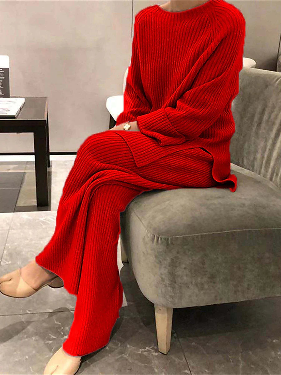 Women's Knit Pajamas Sets Pure Color Casual Comfort Home Daily Bed Knit Warm Breathable Crew Neck Long Sleeve Sweater Pant Fall Winter Black Wine