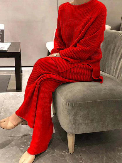 Women's Knit Pajamas Sets Pure Color Casual Comfort Home Daily Bed Knit Warm Breathable Crew Neck Long Sleeve Sweater Pant Fall Winter Black Wine