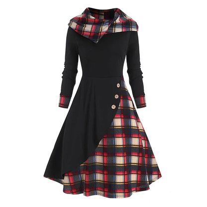 Women's New Year's Eve Dress Tartan Dress Sheath Dress Black Wine Red Long Sleeve Plaid Patchwork Winter Fall Hooded Modern Winter Dress Weekend Fall Dress Loose Fit