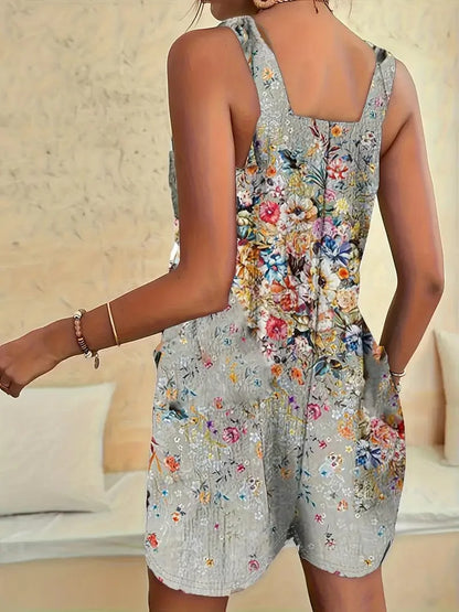 Flowery Print Jumpsuit with Pockets, Sleeveless Casual Romper for Women