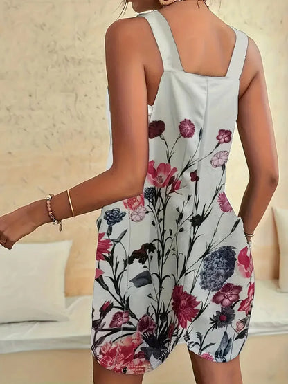 Flowery Print Jumpsuit with Pockets, Sleeveless Casual Romper for Women