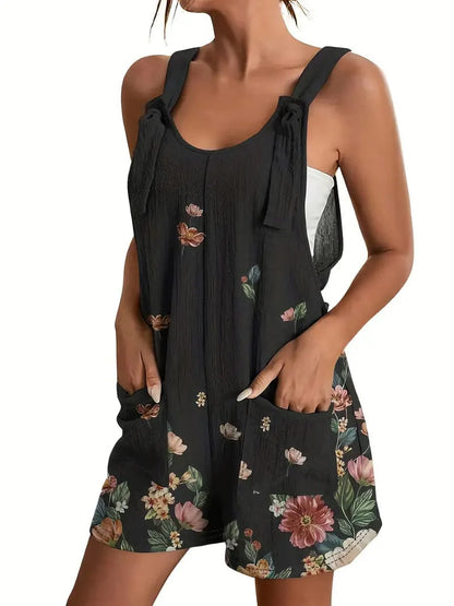 Flowery Print Jumpsuit with Pockets, Sleeveless Casual Romper for Women