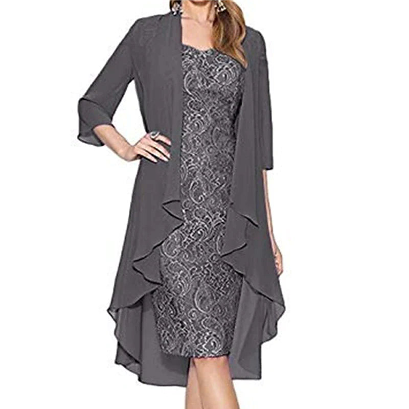 Women's Lace Dress Dress Set Two Piece Dress Chiffon Dress Midi Dress Black Wine Blue 3/4 Length Sleeve Pure Color Lace Summer Spring Crew Neck Stylish Winter Dress