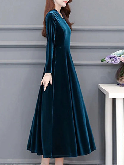 Women's Party Dress Wedding Guest Dress Velvet Dress Work Dress Midi Dress Black Wine Royal Blue Long Sleeve Pure Color Ruched Winter Fall Spring V Neck Fashion Spring Dress