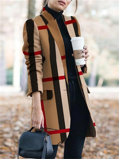 Women's Trench Coat Retro Print Overcoat Winter Pea Coat Fall Stand Collar Outerwear Windproof Warm Modern Casual Trendy Jacket Long Sleeve White Dark Navy Dusty Blue