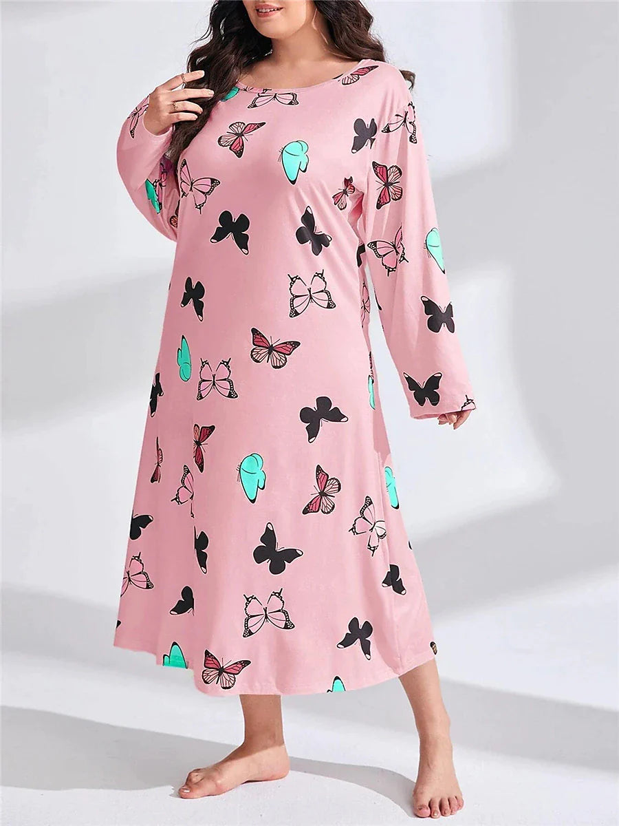 Women's Plus Size Pajamas Sleepwear Nightshirt Sleep Shirt Butterfly Heart Fashion Casual Home Valentine's Day Bed Polyester Comfort Breathable Crew Neck Long Sleeve Spring Purple black Lotus Pink