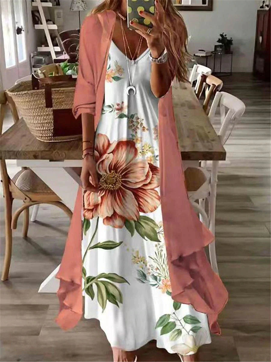 Women's Casual Dress Dress Set Two Piece Dress Long Dress Maxi Dress Light Green Pink Purple Long Sleeve Flower Print Summer Spring V Neck Fashion Loose Fit 2023 S M L XL XXL 3XL