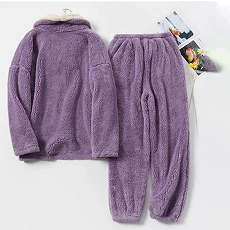 Women's Fleece Flannel Warm Pajamas Sets Fluffy Fuzzy Warm Nighty Pure Color Plush Comfort Home Christmas V Wire Long Sleeve Sweater Pant Elastic Waist Fall Winter Gray Purple / Lace Up