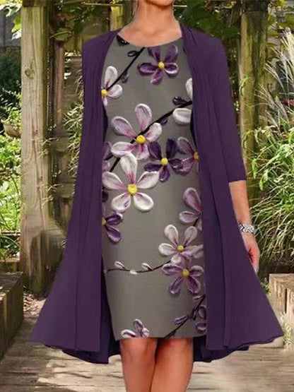 Women's Two Piece Dress Set Shift Dress Chiffon Dress Daily Going out Casual Print Midi Dress Crew Neck 3/4 Length Sleeve Floral Regular Fit Navy Blue Light Purple Purple Summer Spring M L XL XXL XXXL