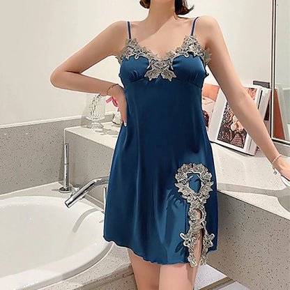 Women's Satin Silk Pajamas Sets 2 Pcs Nightgown Sets Dress Pure Color Fashion Casual Comfort Home Daily Bed Satin V Wire Long Sleeve Elastic Waist Chest pads Fall Spring Black Blue