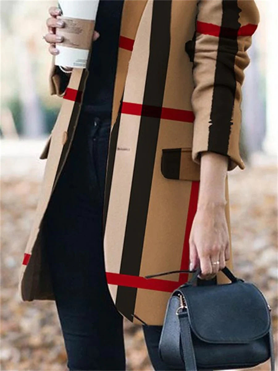 Women's Trench Coat Retro Print Overcoat Winter Pea Coat Fall Stand Collar Outerwear Windproof Warm Modern Casual Trendy Jacket Long Sleeve White Dark Navy Dusty Blue