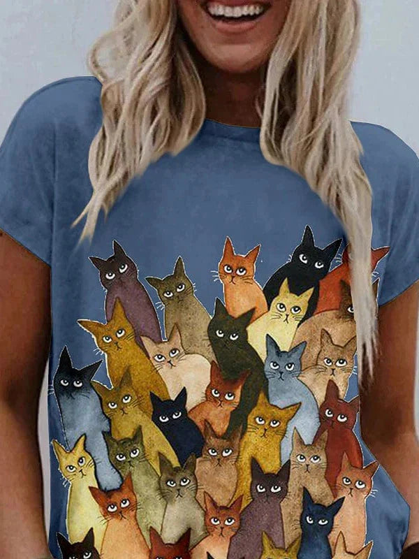 Graphic Cat Print Women's T-shirt with Shoulder Cut-outs