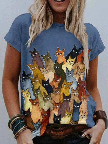 Graphic Cat Print Women's T-shirt with Shoulder Cut-outs