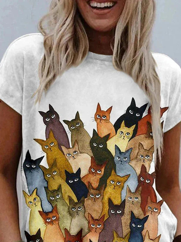 Graphic Cat Print Women's T-shirt with Shoulder Cut-outs