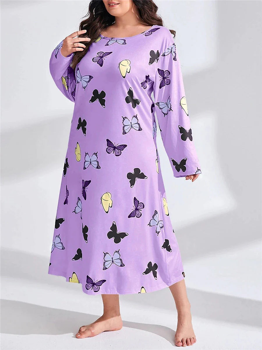 Women's Plus Size Pajamas Sleepwear Nightshirt Sleep Shirt Butterfly Heart Fashion Casual Home Valentine's Day Bed Polyester Comfort Breathable Crew Neck Long Sleeve Spring Purple black Lotus Pink