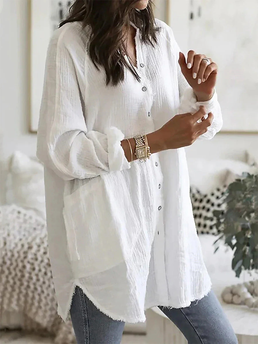 Women's Shirt Cotton Plain White  Casual Beach Shirt Collar Button Long Sleeve Basic Modern Shirt Collar Regular Fit Spring & Fall Shirt