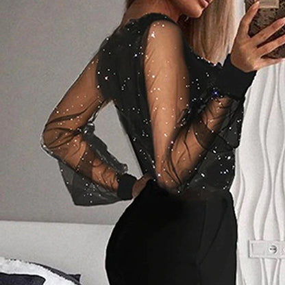 Women‘s Jumpsuit for Special Occasions Mesh Sequin Solid Color V Neck Elegant Party Prom Regular Fit Long Sleeve Black S M L Spring  Fall