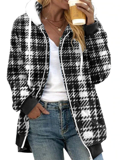 Women's Teddy Coat Fleece Sherpa Jacket Hooded Winter Coat Drawstring Zipper Coat Plaid Print Warm Classic Loose Fit Outerwear Long Sleeve Fall