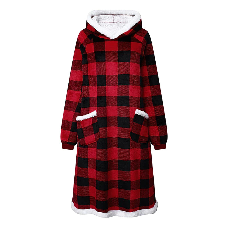 Women's Pink Wearable Blanket Hoodie Blanket Pajama Loungewear Grid / Plaid Pure Color Warm Plush Comfort Home Christmas Fleece Gift Hoodie Long Sleeve Pocket Fall Winter Lake blue Black