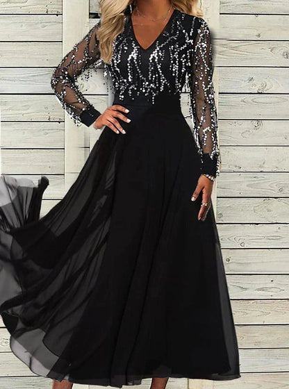 Women‘s Party Dress Wedding Guest Dress Fringe Dress Sequin Dress Midi Dress Black Long Sleeve Print Sequins Winter Fall Spring V Neck Fashion Party Birthday 2023 S M L XL XXL 3XL