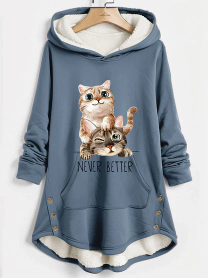 Women's Hoodie Sweatshirt Pullover Sherpa Fleece Lined Cat Warm Funny Fuzzy Print Button Front Pocket Dark Pink Blue Casual Sports Hoodie Long Sleeve Top Micro-elastic Fall & Winter