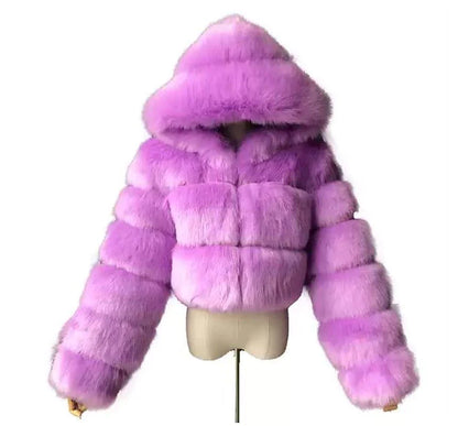 Women's Fur Coat Faux Fur Coat Hoodie Jacket Wedding Daily Outdoor clothing Fall Winter Short Coat Slim Casual Faux Leather Jacket Long Sleeve Solid Color Fur Light Pink Sapphire Navy