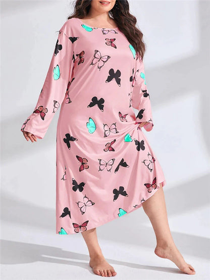 Women's Plus Size Pajamas Sleepwear Nightshirt Sleep Shirt Butterfly Heart Fashion Casual Home Valentine's Day Bed Polyester Comfort Breathable Crew Neck Long Sleeve Spring Purple black Lotus Pink