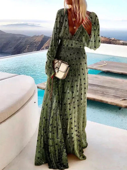 Women's Long Dress Maxi Dress Party Dress Sheath Dress Swing Dress Polka Dot Mature Elegant Dress Wedding Party Holiday Zipper Velvet Long Sleeve V Neck Dress Loose Fit Green Summer Spring S M L XL