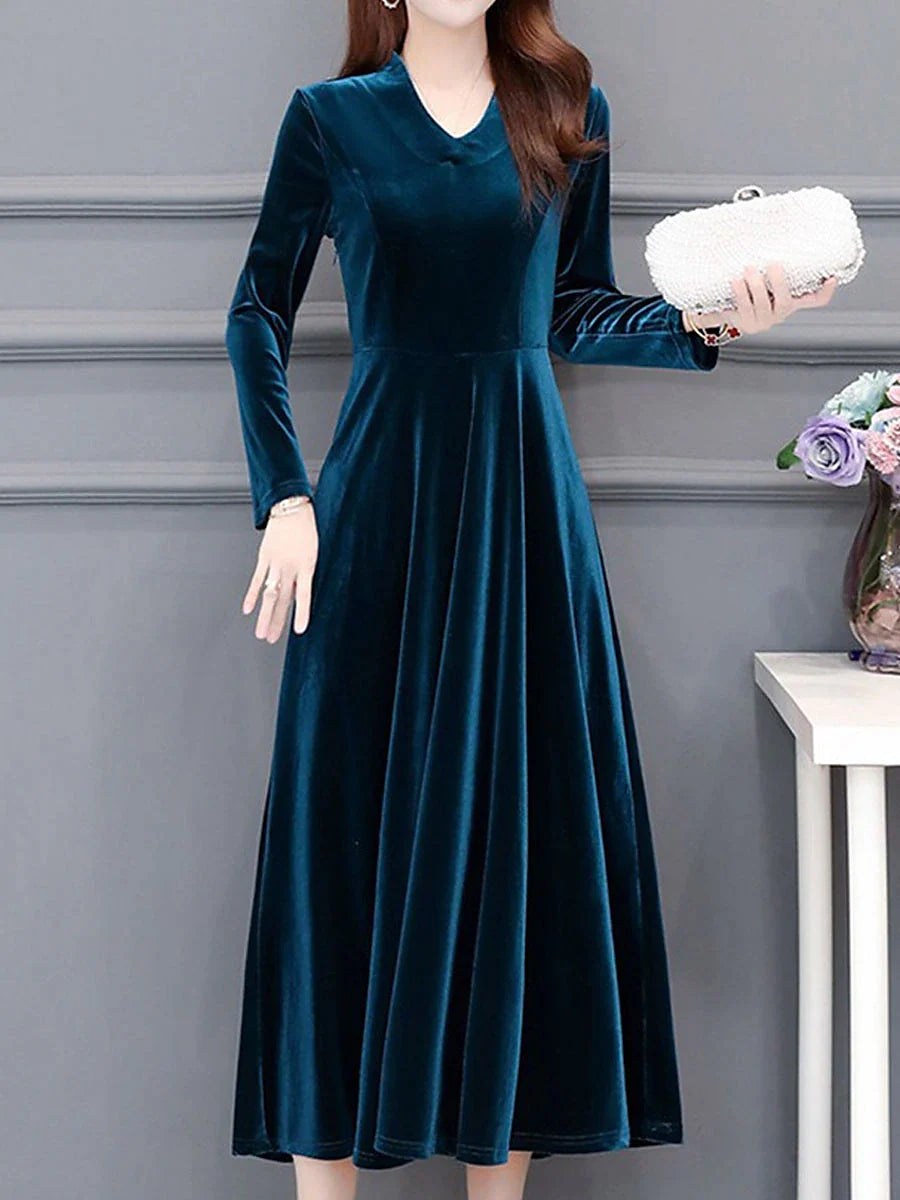 Women's Party Dress Wedding Guest Dress Velvet Dress Work Dress Midi Dress Black Wine Royal Blue Long Sleeve Pure Color Ruched Winter Fall Spring V Neck Fashion Spring Dress