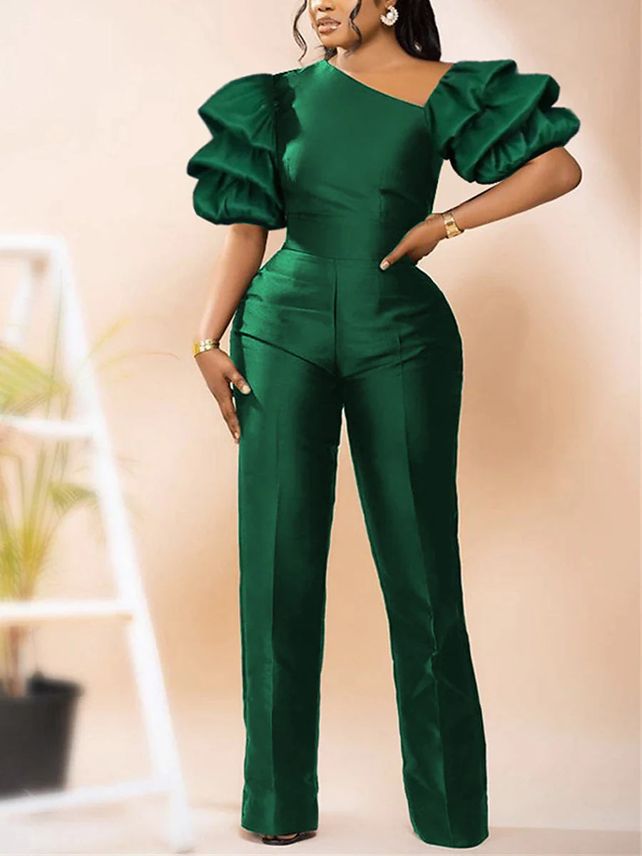 Women‘s Jumpsuit for Special Occasions Christmas High Waist Solid Color V Neck Wedding Elegant Party Xmas Prom Regular Fit Short Sleeve Puff Sleeve Fuchsia Green S M L Summer  Fall