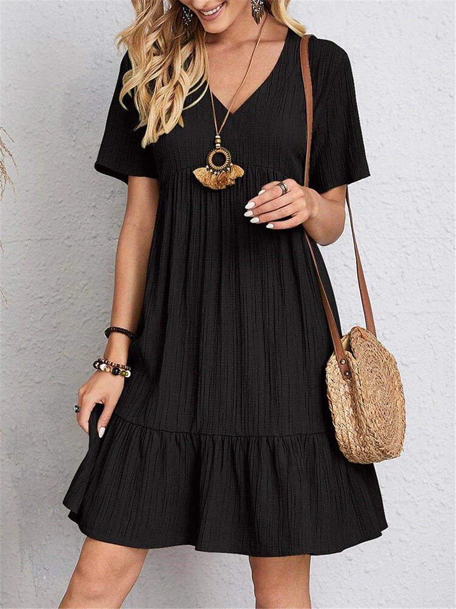 Women's Shift Dress Plain Dress Plain Ruffle V Neck Midi Dress Basic Classic Outdoor Daily Short Sleeve Loose Fit Black Pink Red Summer Spring S M L XL XXL