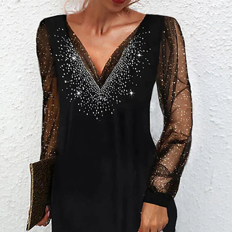 Women's Casual Dress Shift Dress Black Dress Mini Dress Black Long Sleeve Print Mesh Summer Spring Deep V Fashion Winter Dress Fall Dress 2023 S M L XL XXL 3XL