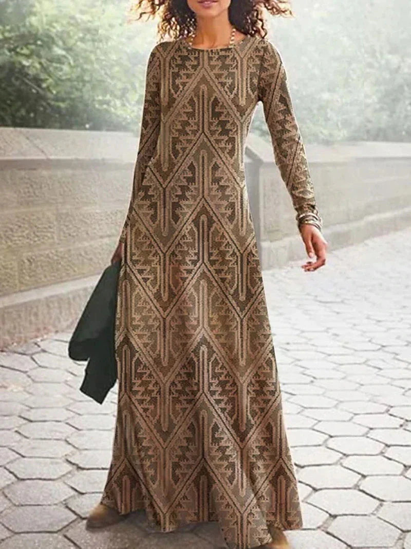 Women's Casual Dress T Shirt Dress Tee Dress Ethnic Dress Long Dress Maxi Dress Blue Orange Brown Long Sleeve Geometric Patchwork Winter Fall Spring Crew Neck Basic Winter Dress Daily Vacation 2023 S