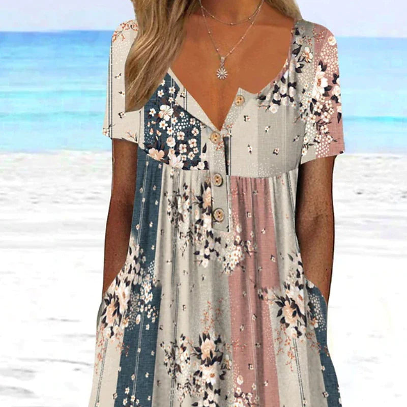 Women's Casual Dress Floral Color Block Print Ruched V Neck Midi Dress Sexy Casual Daily Vacation Short Sleeve Regular Fit Gray Summer Spring S M L XL XXL