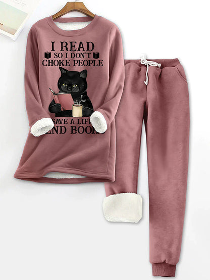 Women's Fleece Pajama Sets Lounge Sets Cat Letter Warm Comfort Soft Home Daily Bed Fleece Warm Breathable Crew Neck Long Sleeve Pullover Pant Elastic Waist Fall Winter Pink