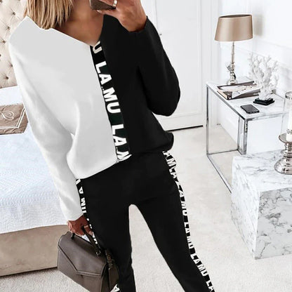 Women's Loungewear Sets Sweatsuit 2 Pieces Letter Patchwork Warm Fashion Comfort Home Daily Going out Polyester V Wire Long Sleeve Hoodie Pant Winter Fall Black