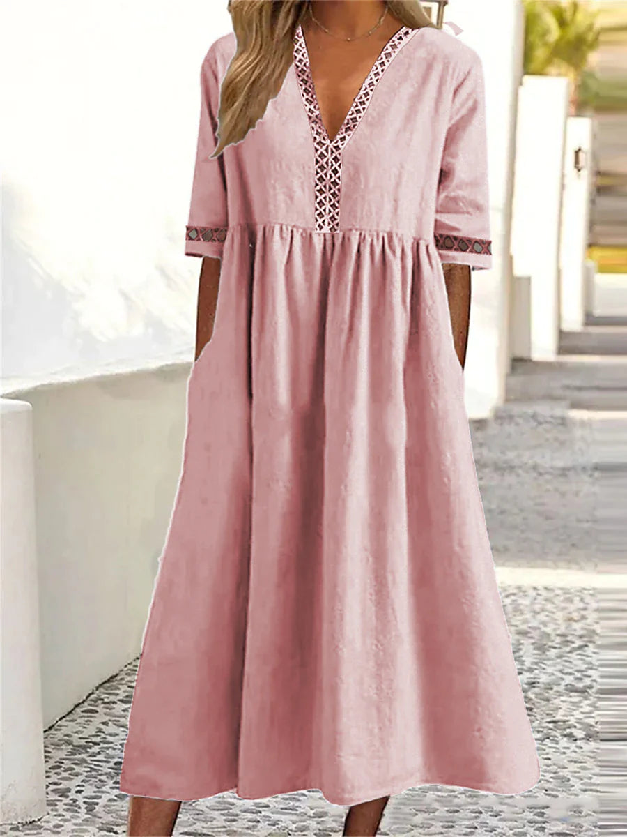 Women‘s Casual Dress Cotton Linen Dress Caftan Dress Swing Dress Midi Dress Cotton Blend Basic Classic Outdoor Daily Vacation V Neck Ruched Hollow Out Half Sleeve Summer Spring Fall 2023