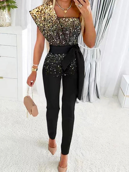 Women's Jumpsuit Print Gradient One Shoulder Streetwear Wedding Party Regular Fit Short Sleeve Gold S M L Summer