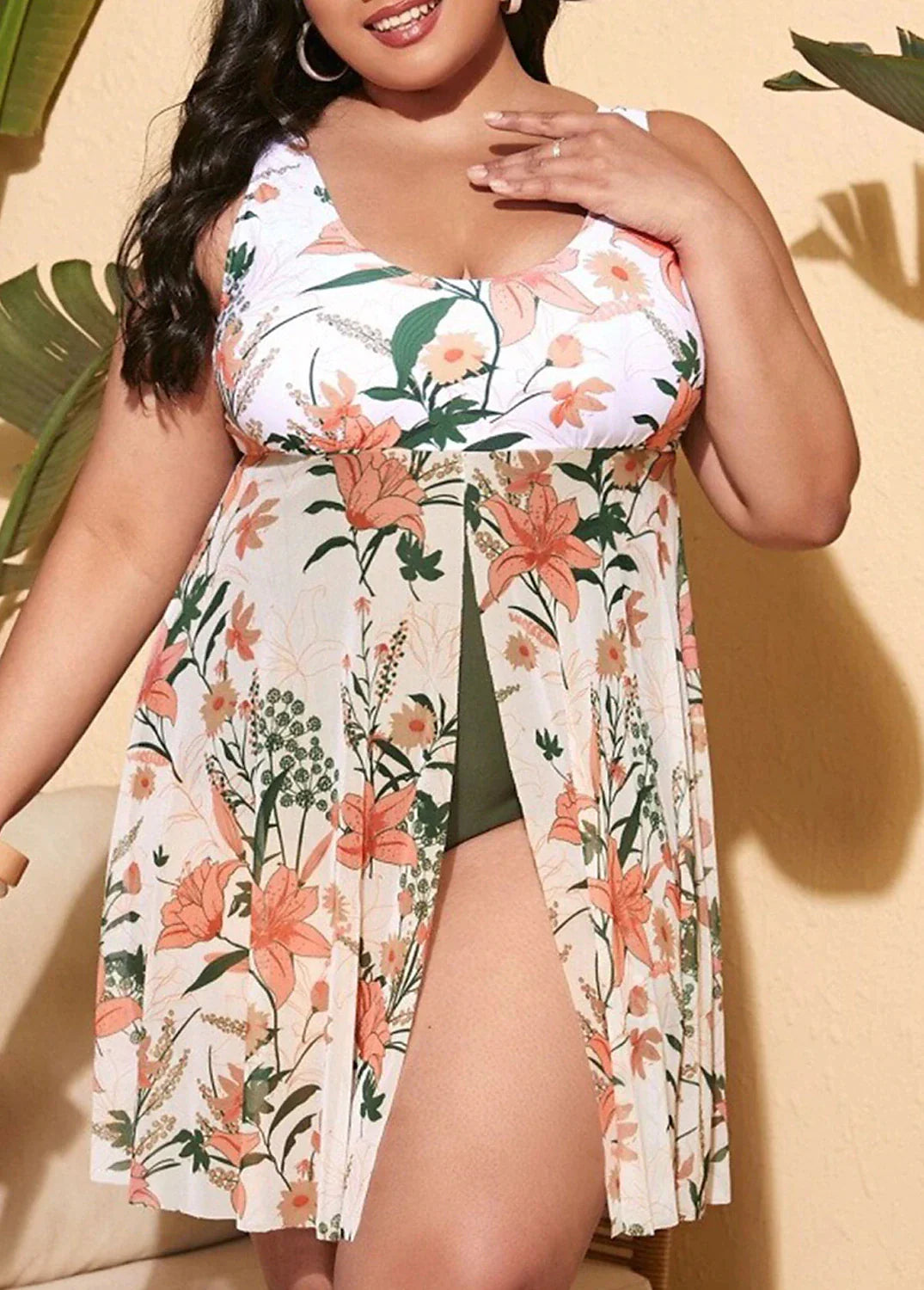 Women's Swimwear Swim Dress Plus Size Swimsuit 2 Piece Floral White Green High Neck Bathing Suits Sports Summer