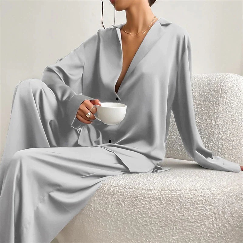 Women's Satin Silk Sleepwear 2Pcs Sets Pj Pure Color Lapel Long Sleeve Button and Wide Leg Pants Fashion Comfort Home Daily Summer Fall Blue Light Green