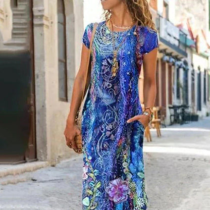 Women‘s A Line Dress Maxi long Dress Blue Short Sleeve Floral Pocket Print Summer Round Neck Casual 2023 S M L XL XXL 3XL