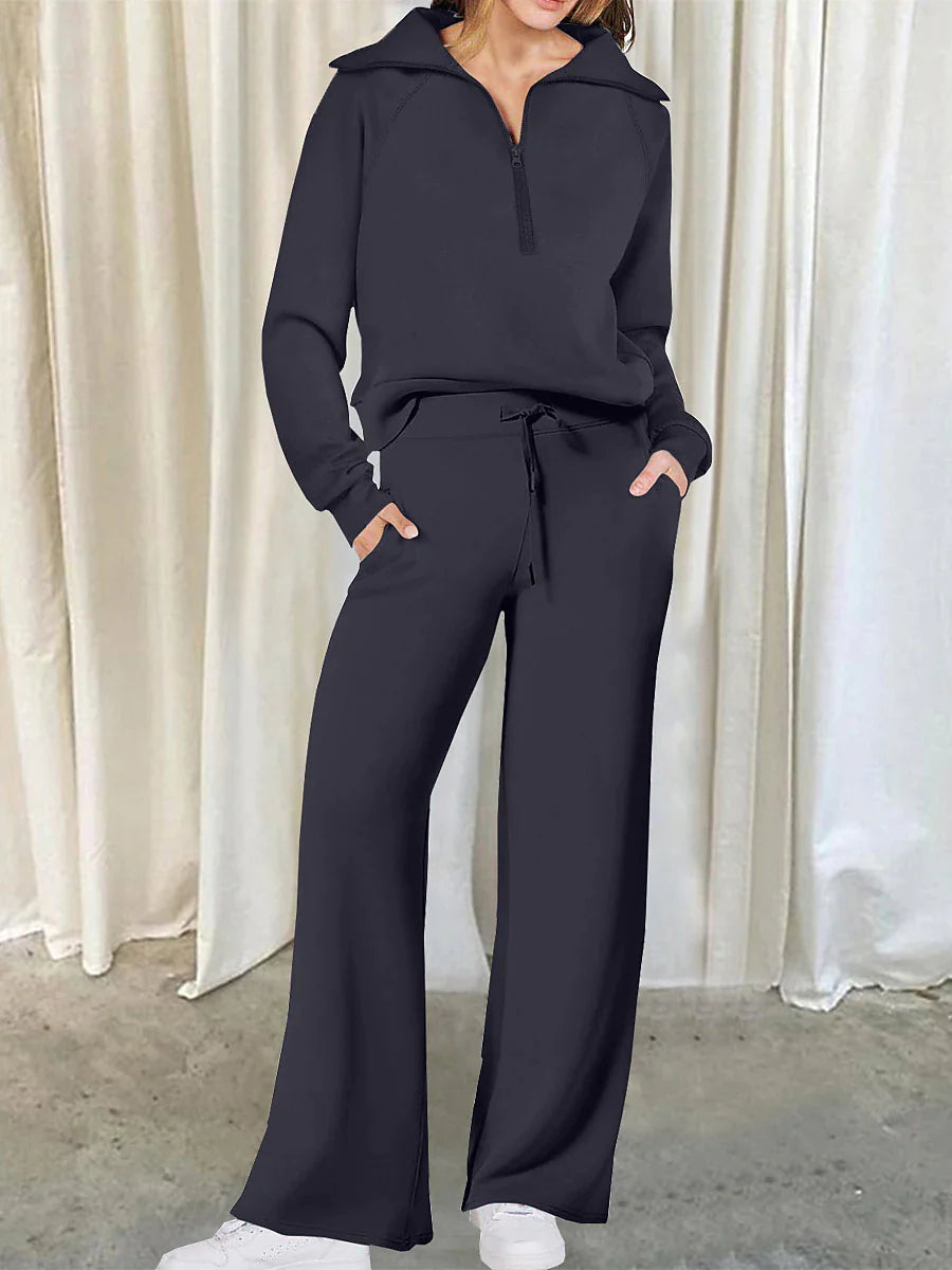 Women's Loungewear Sets Pure Color Casual Comfort Home Street Daily Polyester Breathable Lapel Long Sleeve Pullover Pant Pocket Fall Winter Lake blue Black