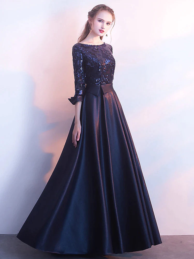 Women's Silver Sequin Dress Rose Gold Dress Prom Dress Party Dress Sparkly Dress Swing Dress Maxi long Dress Silver Champagne Dark Blue 3/4 Length Sleeve Color Block