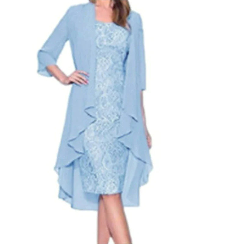 Women's Lace Dress Dress Set Two Piece Dress Chiffon Dress Midi Dress Black Wine Blue 3/4 Length Sleeve Pure Color Lace Summer Spring Crew Neck Stylish Winter Dress