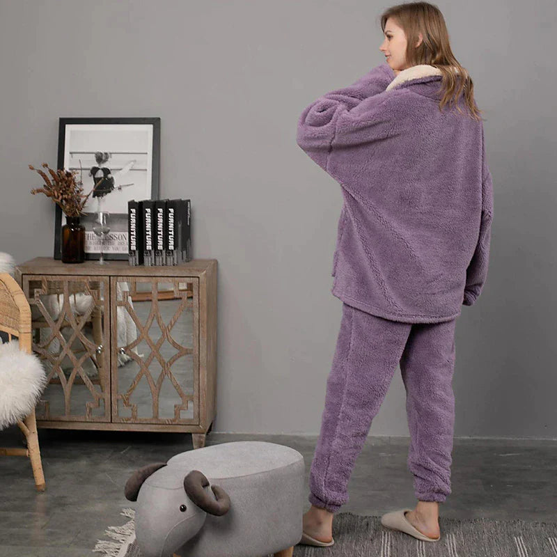 Women's Fleece Flannel Warm Pajamas Sets Fluffy Fuzzy Warm Nighty Pure Color Plush Comfort Home Christmas V Wire Long Sleeve Sweater Pant Elastic Waist Fall Winter Gray Purple / Lace Up