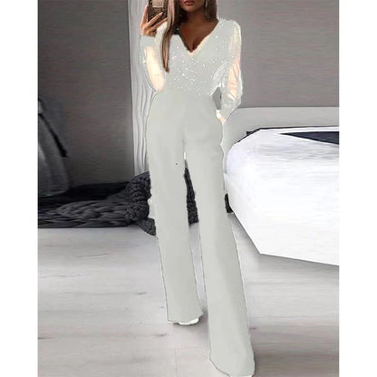 Women‘s Jumpsuit for Special Occasions Mesh Sequin Solid Color V Neck Elegant Party Prom Regular Fit Long Sleeve Black S M L Spring  Fall