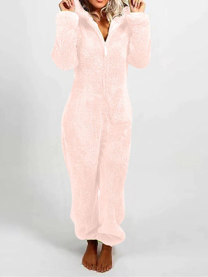 Women's Adult Onesies Onesie Pajamas Pure Color Plush Casual Comfort Home Daily Bed Polar Fleece Warm Hoodie Long Sleeve Fall Winter Light Pink claret