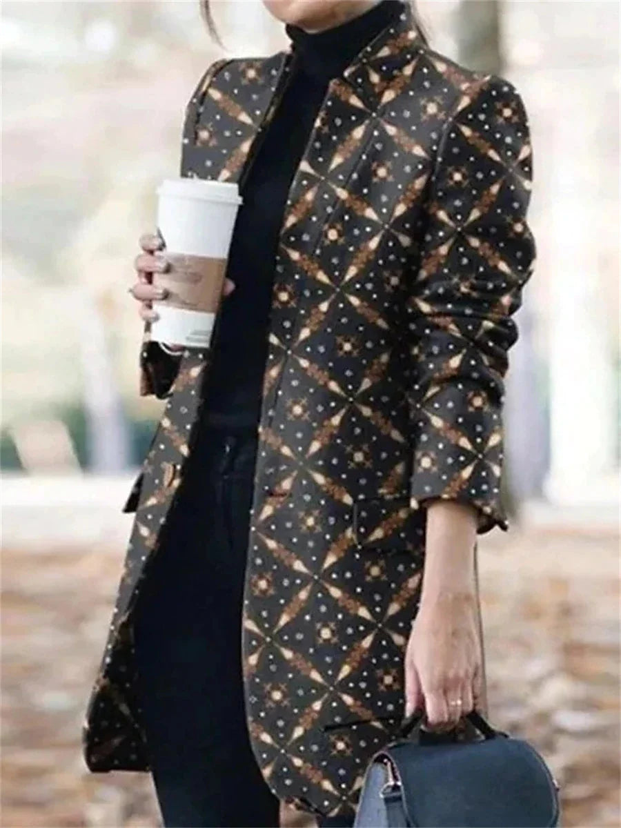 Women's Trench Coat Retro Print Overcoat Winter Pea Coat Fall Stand Collar Outerwear Windproof Warm Modern Casual Trendy Jacket Long Sleeve White Dark Navy Dusty Blue